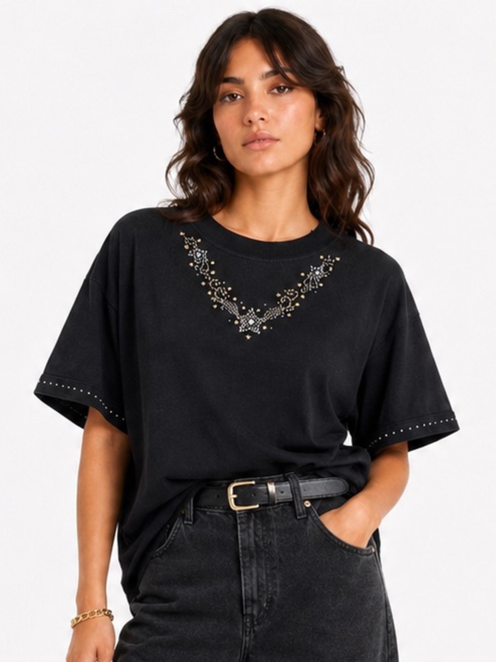 Vintage Jerzees Rhinestone Star Tee Western Glam Black T-Shirt Large
